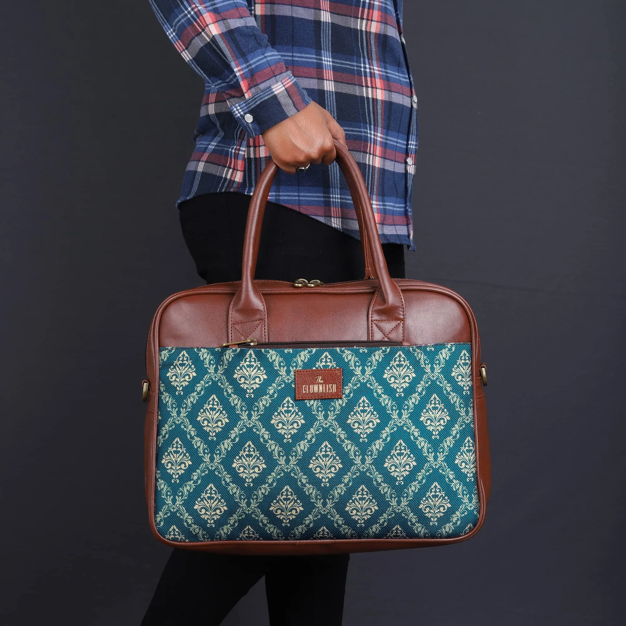 THE CLOWNFISH Deborah series 15.6 inch Laptop Bag For Women Printed Handicraft Fabric & Faux Leather Office Bag Briefcase Messenger Sling Handbag Business Bag (Blue)