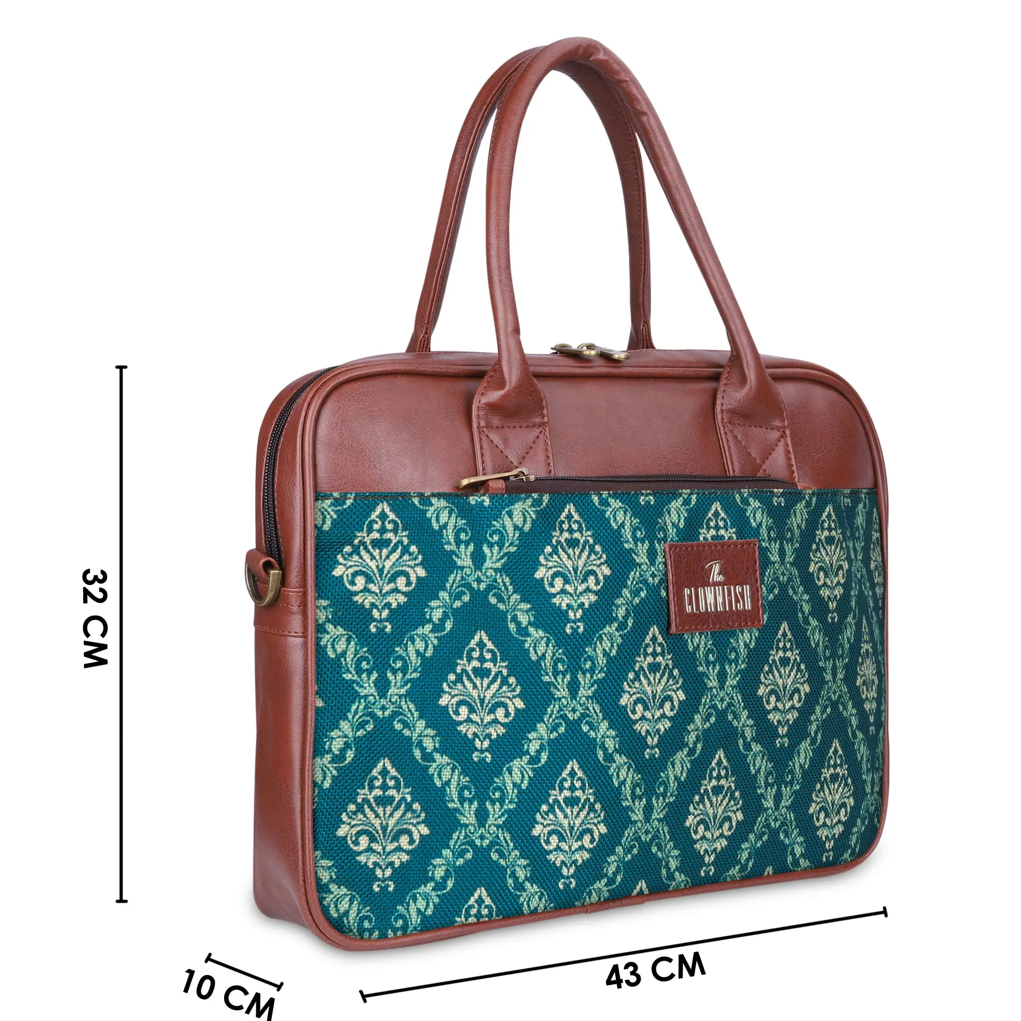 THE CLOWNFISH Deborah series 15.6 inch Laptop Bag For Women Printed Handicraft Fabric & Faux Leather Office Bag Briefcase Messenger Sling Handbag Business Bag (Blue)