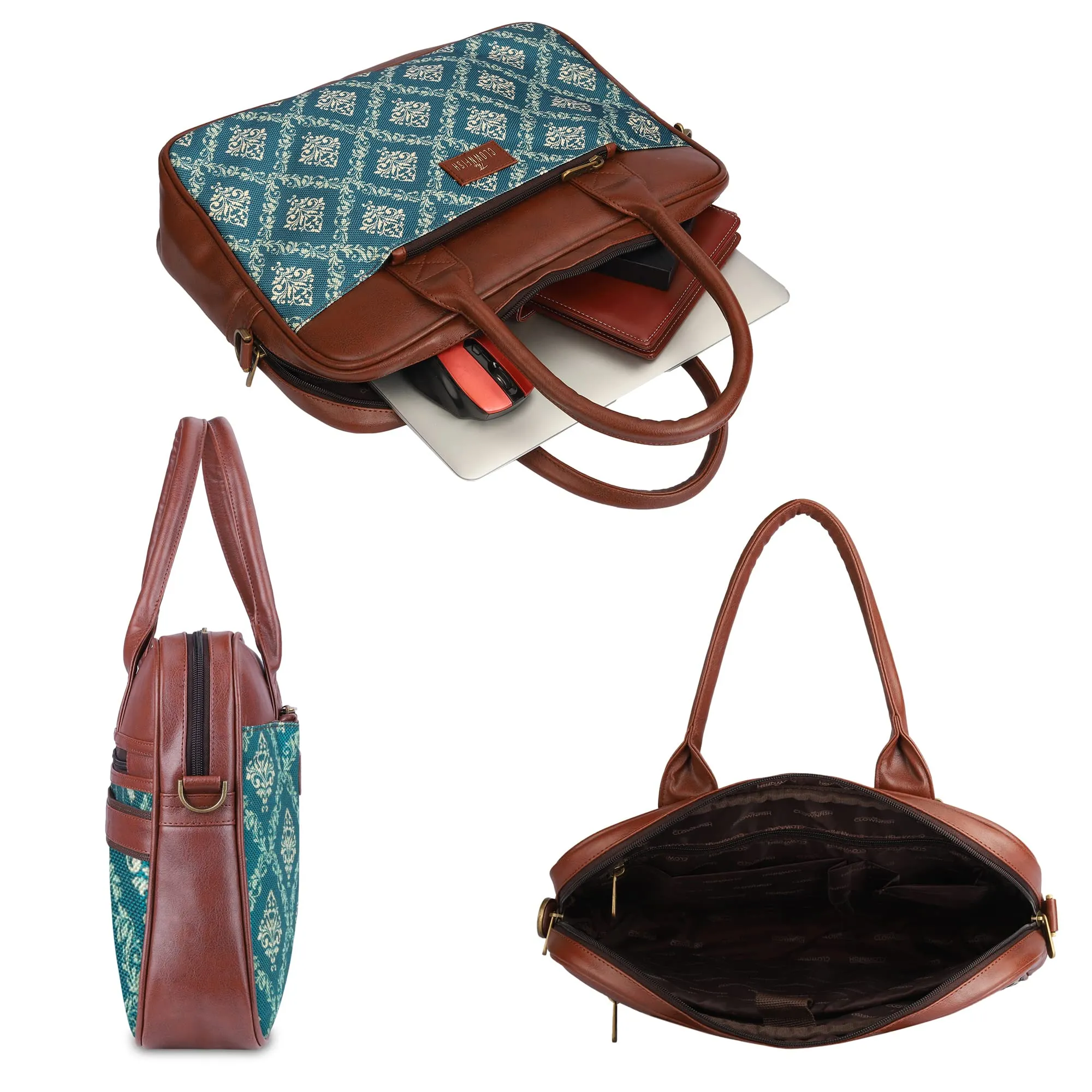 THE CLOWNFISH Deborah series 15.6 inch Laptop Bag For Women Printed Handicraft Fabric & Faux Leather Office Bag Briefcase Messenger Sling Handbag Business Bag (Blue)
