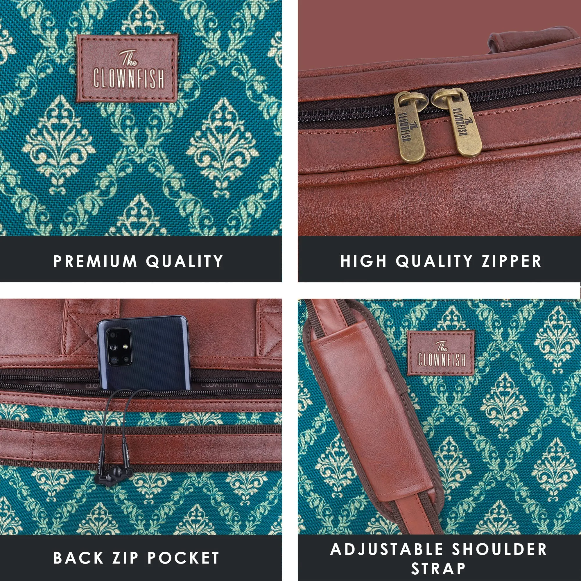 THE CLOWNFISH Deborah series 15.6 inch Laptop Bag For Women Printed Handicraft Fabric & Faux Leather Office Bag Briefcase Messenger Sling Handbag Business Bag (Blue)