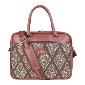 THE CLOWNFISH Deborah series 15.6 inch Laptop Bag For Women Printed Handicraft Fabric & Faux Leather Office Bag Briefcase Messenger Sling Handbag Business Bag (Brown)