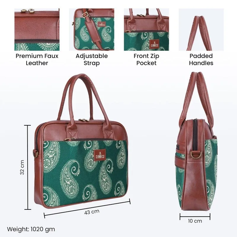 THE CLOWNFISH Deborah series 15.6 inch Laptop Bag For Women Printed Handicraft Fabric & Faux Leather Office Bag Briefcase Messenger Sling Handbag Business Bag (Fern Green)