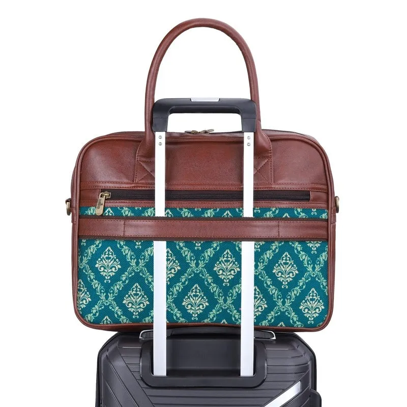 THE CLOWNFISH Deborah series 15.6 inch Laptop Bag For Women Printed Handicraft Fabric & Faux Leather Office Bag Briefcase Messenger Sling Handbag Business Bag (Marine Blue)