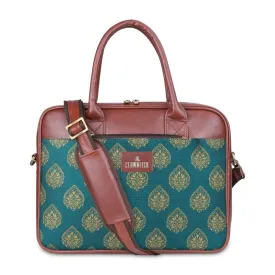 THE CLOWNFISH Deborah series 15.6 inch Laptop Bag For Women Printed Handicraft Fabric & Faux Leather Office Bag Briefcase Messenger Sling Handbag Business Bag (Peacock Blue)