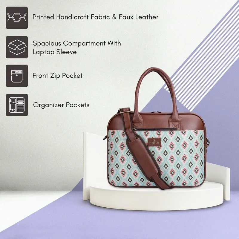 THE CLOWNFISH Deborah series 15.6 inch Laptop Bag For Women Printed Handicraft Fabric & Faux Leather Office Bag Briefcase Messenger Sling Handbag Business Bag (Sky Blue-Diamond)