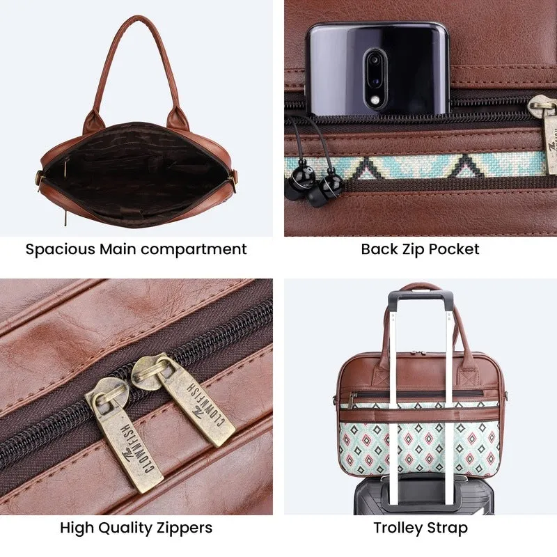 THE CLOWNFISH Deborah series 15.6 inch Laptop Bag For Women Printed Handicraft Fabric & Faux Leather Office Bag Briefcase Messenger Sling Handbag Business Bag (Sky Blue-Diamond)