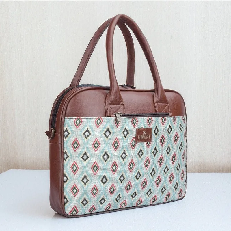 THE CLOWNFISH Deborah series 15.6 inch Laptop Bag For Women Printed Handicraft Fabric & Faux Leather Office Bag Briefcase Messenger Sling Handbag Business Bag (Sky Blue-Diamond)