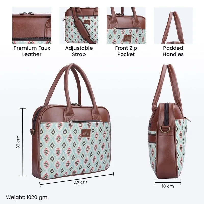 THE CLOWNFISH Deborah series 15.6 inch Laptop Bag For Women Printed Handicraft Fabric & Faux Leather Office Bag Briefcase Messenger Sling Handbag Business Bag (Sky Blue-Diamond)
