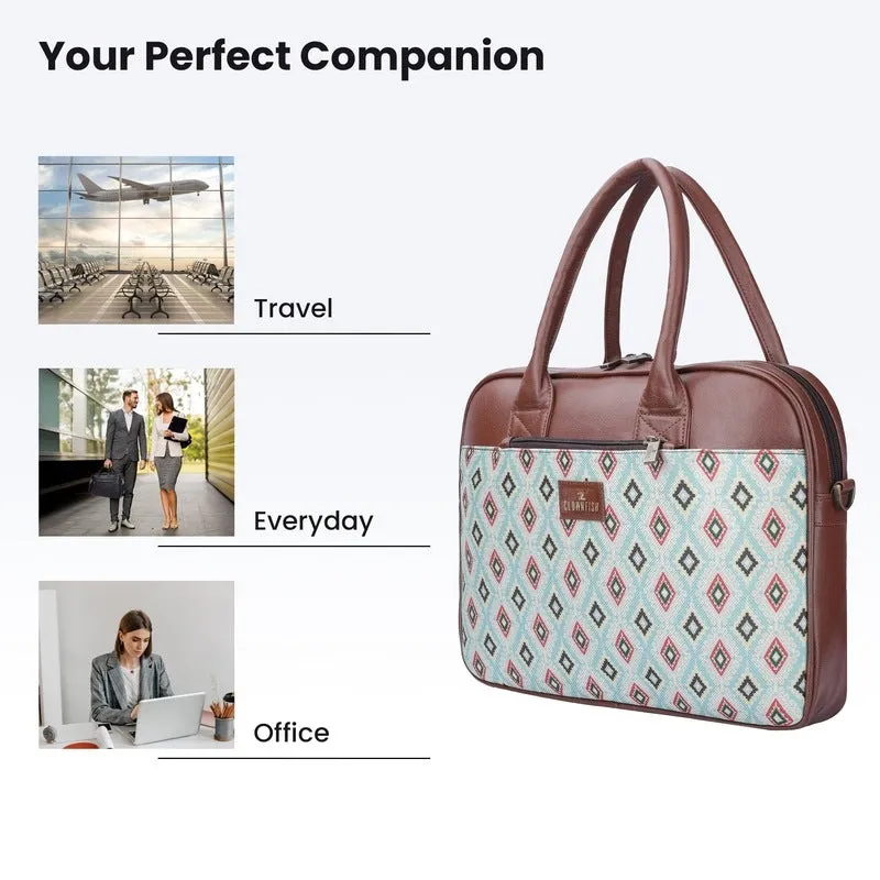 THE CLOWNFISH Deborah series 15.6 inch Laptop Bag For Women Printed Handicraft Fabric & Faux Leather Office Bag Briefcase Messenger Sling Handbag Business Bag (Sky Blue-Diamond)