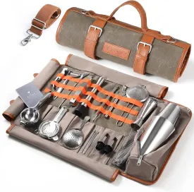 Travel Bartender Kit  22-Pc Bartending Kit with Bar Tools Bartender Accessories, Waxed Canvas Tool Bag  Professional Stainless Steel Bar Tools Set with Standard Jigger, Unbreakable Squeezer