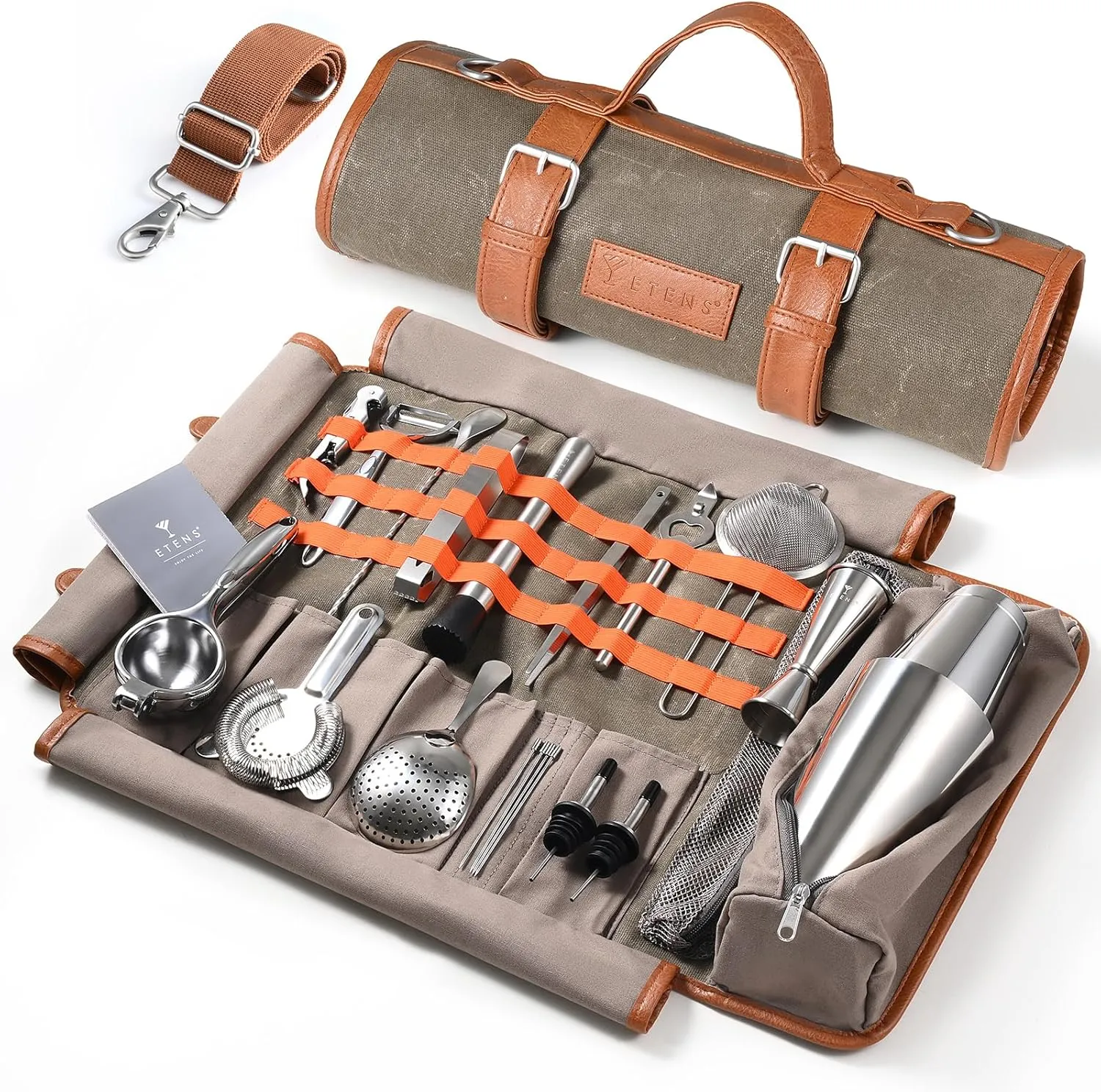Travel Bartender Kit  22-Pc Bartending Kit with Bar Tools Bartender Accessories, Waxed Canvas Tool Bag  Professional Stainless Steel Bar Tools Set with Standard Jigger, Unbreakable Squeezer