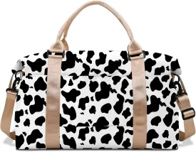 Travel Weekender Duffel Overnight Carry On Bag with Trolley Sleeve,Large Travel Tote Bag with Wet Pocket Shoulder Strap for Women-Black White Cow