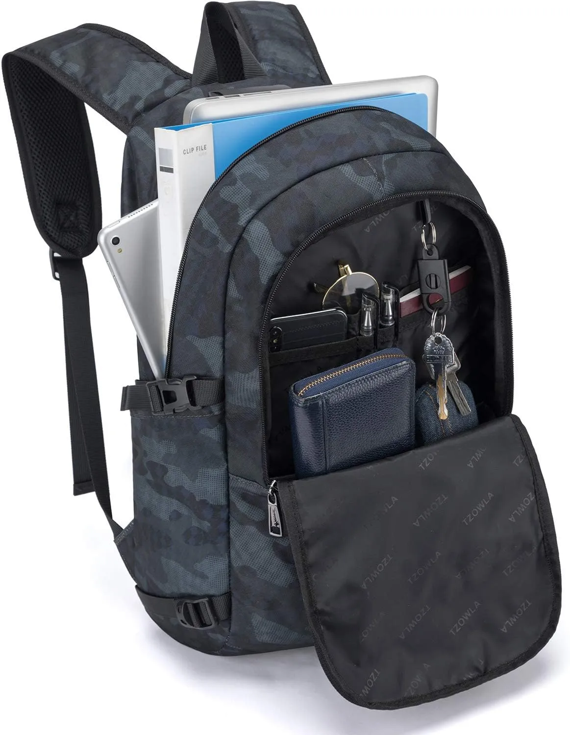 Tzowla Anti-Theft Business Laptop Backpack, Water Resistant, 15.6 Inch, Navy Blue Camo, Unisex