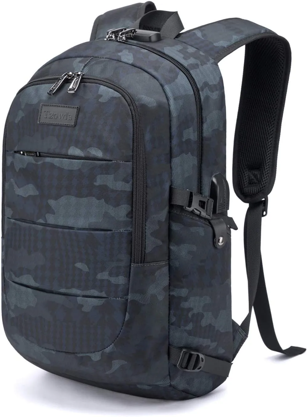 Tzowla Anti-Theft Business Laptop Backpack, Water Resistant, 15.6 Inch, Navy Blue Camo, Unisex