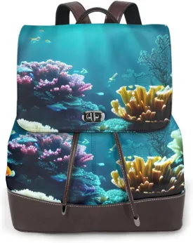 Underwater Scenery Print Women's PU Leather Backpack, Fashion, Work, Journey Daily Use - Chestnut Brown