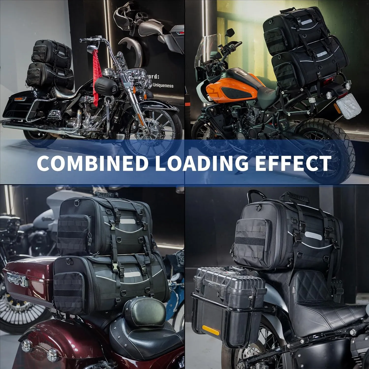 Universal Motorcycle Travel Luggage, Expandable Tail Bag 40-60L(10-15 Gallon), All Weather Rack Bag, Sissy Bar Bags, Helmet Bag, Tour Pack Bag Storage Backpack with 6 Straps, Waterproof cover