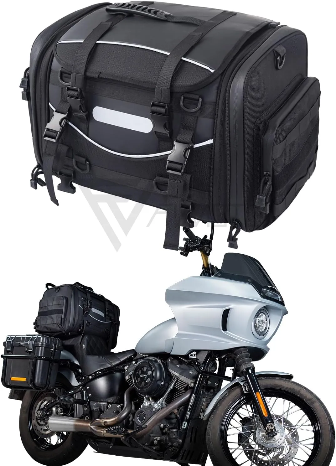 Universal Motorcycle Travel Luggage, Expandable Tail Bag 40-60L(10-15 Gallon), All Weather Rack Bag, Sissy Bar Bags, Helmet Bag, Tour Pack Bag Storage Backpack with 6 Straps, Waterproof cover