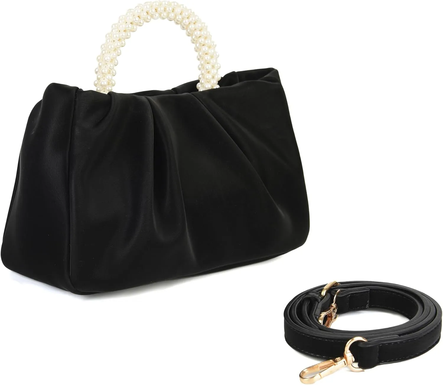 Valleycomfy Evening Clutch Pearl Purses for Women Ladies Soft Leather Ruched Crossbody Bags Shoulder Bag for Party Wedding