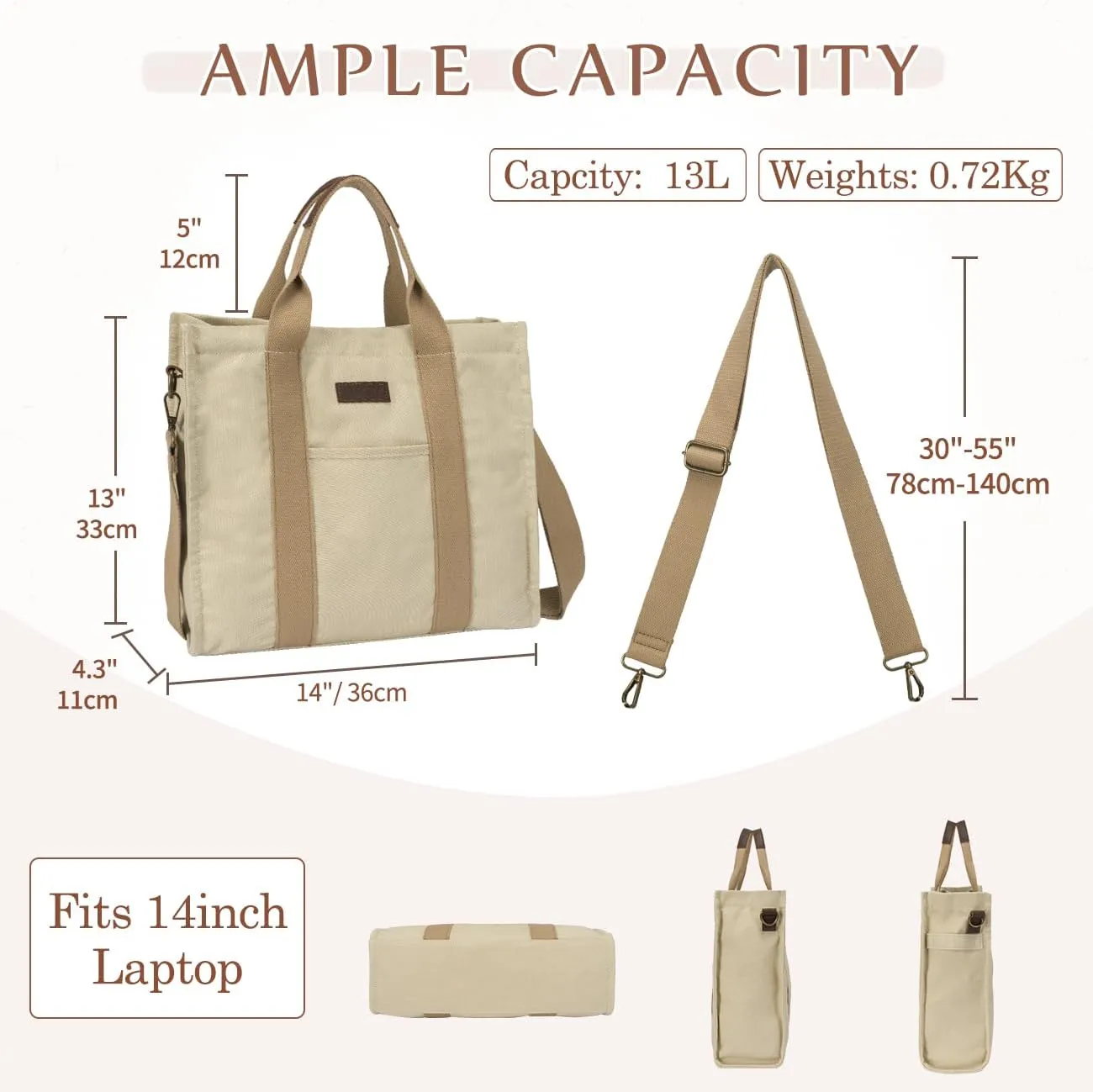 VASCHY Canvas Tote bag, Casual Reusable Work Totes for Women Teachers with Zippers Pockets Crossbody Shoulder Bag Purse