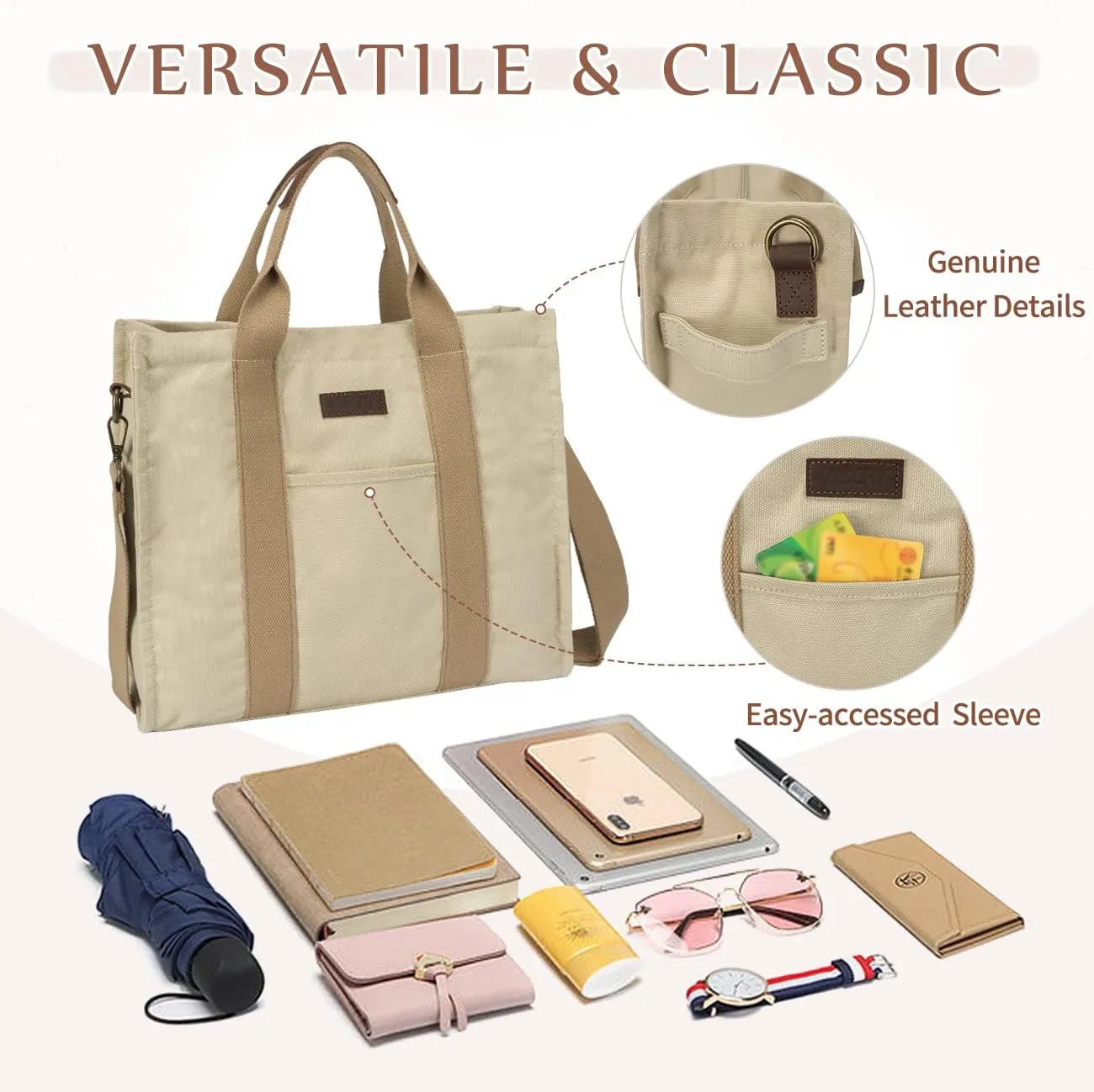 VASCHY Canvas Tote bag, Casual Reusable Work Totes for Women Teachers with Zippers Pockets Crossbody Shoulder Bag Purse