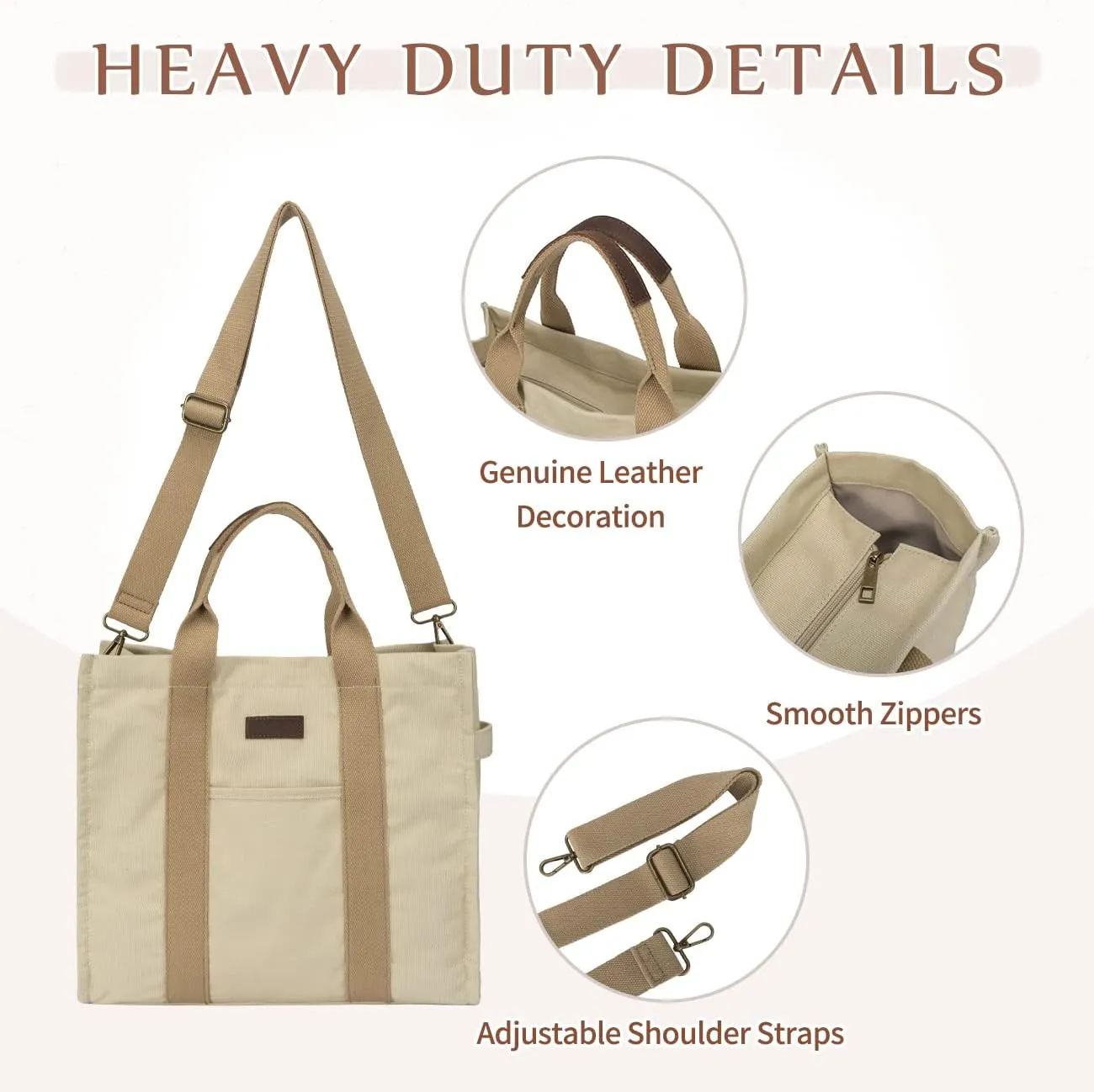 VASCHY Canvas Tote bag, Casual Reusable Work Totes for Women Teachers with Zippers Pockets Crossbody Shoulder Bag Purse