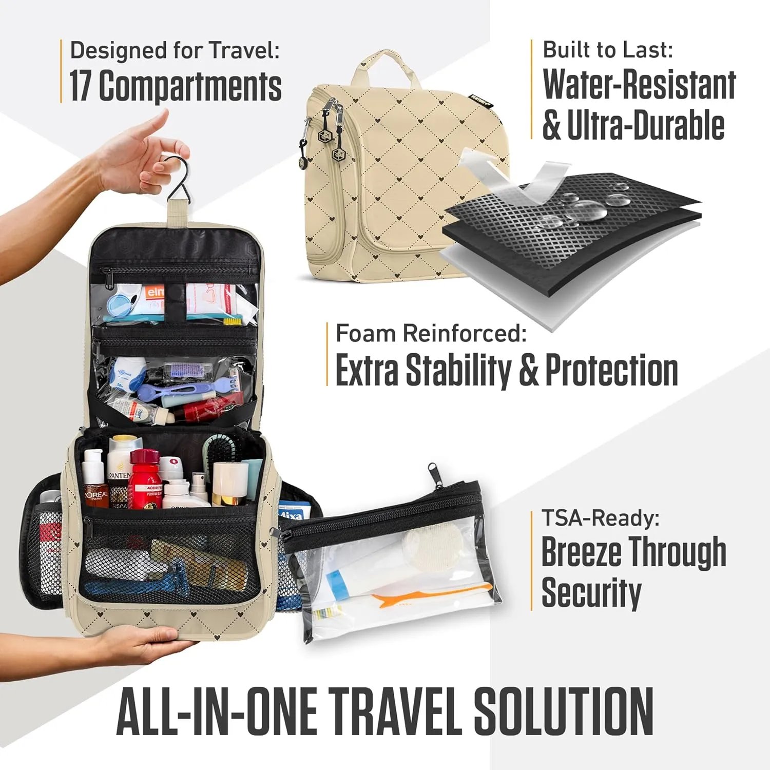 VENTURE 4TH Hanging Travel Toiletry Bag for Women & Men - Travel Organizer with Expandable Compartments & Removable Clear Pouch for Toiletries (Beige Diamonds)