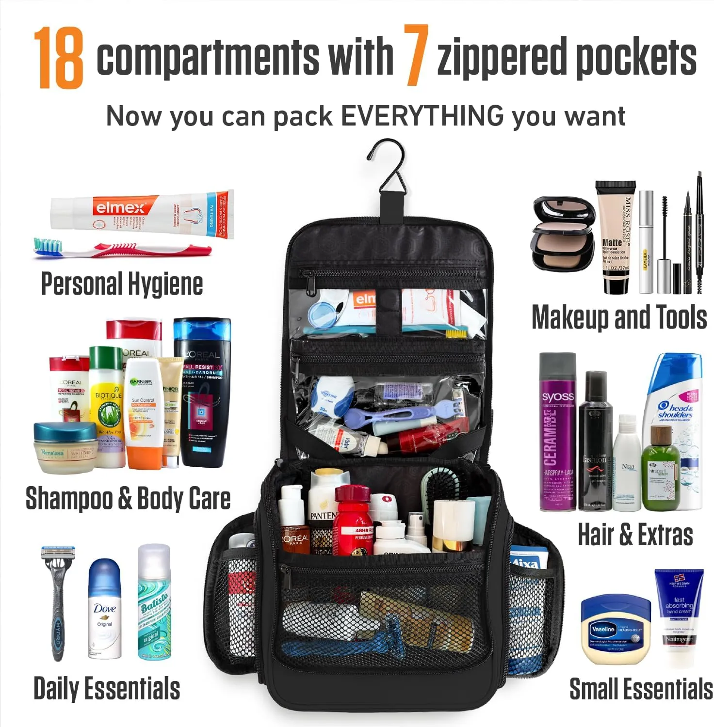 VENTURE 4TH Hanging Travel Toiletry Bag for Women & Men - Travel Organizer with Expandable Compartments & Removable Clear Pouch for Toiletries (Black)