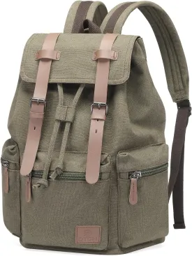 Vintage Canvas Backpack for Men & Women, Durable Casual Daypack with Leather Accent, Fits for College, Work, Travel, & Outdoor, Green