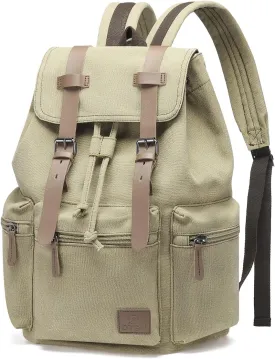 Vintage Canvas Backpack for Men & Women, Durable Casual Daypack with Leather Accent, Fits for College, Work, Travel, & Outdoor, Khaki