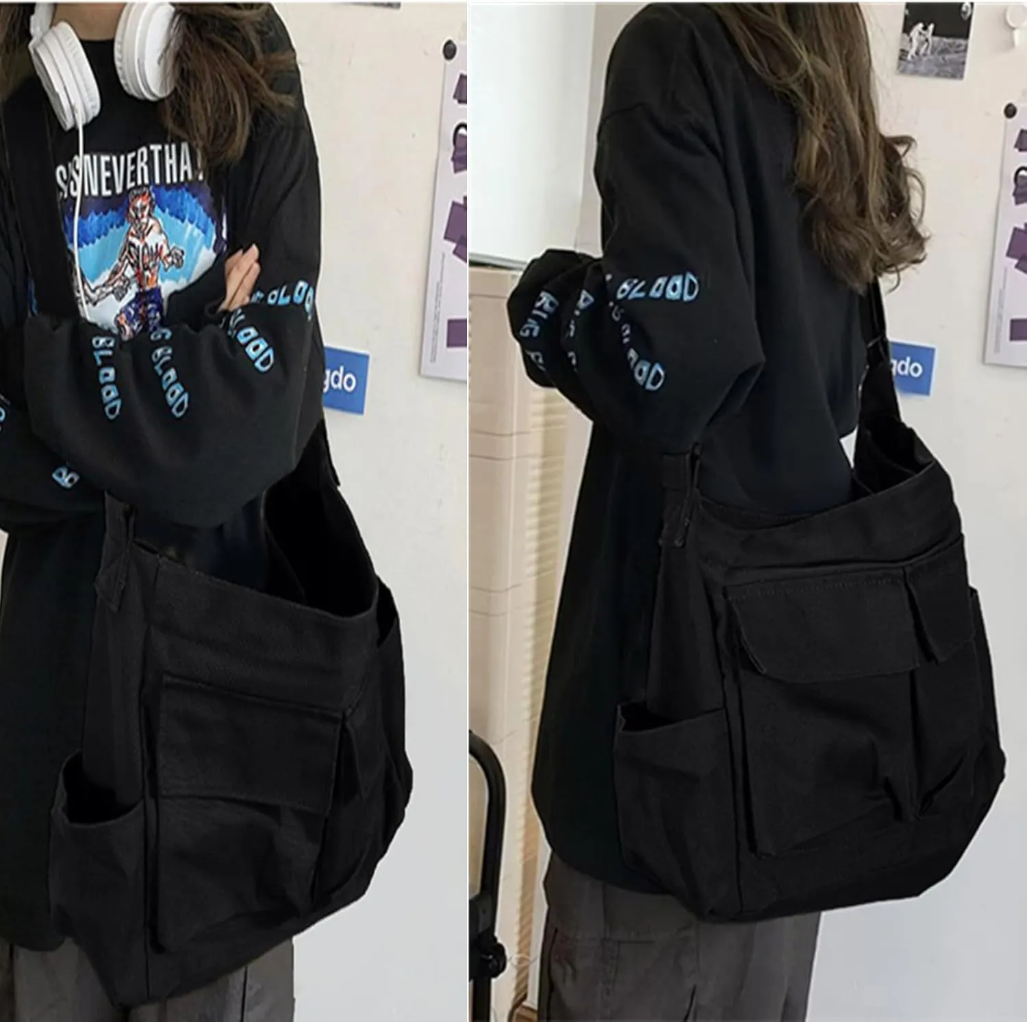Vintage Canvas Crossbody Messenger Bag with Multiple Pockets and Hook-and-loop Closure, Ideal for School