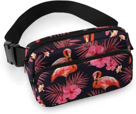 Vintage Flamingos Flower Belt Bag Fanny Pack for Women Men Animal Lovely Flamingo Tropical Palm Leaves Crossbody Waist Bag Pack Adjustable Casual Bag for Travel Running Workout Cycling