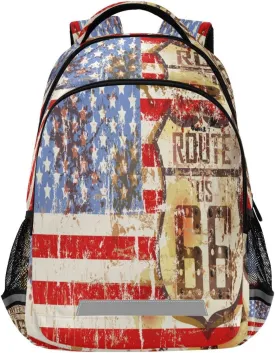 Vintage Usa Flag Route 66 Large School Backpacks with Chest Strap for Boys Girls Students,Lightweight Bookbags 17 Inch, Portable Casual Daypack Bags