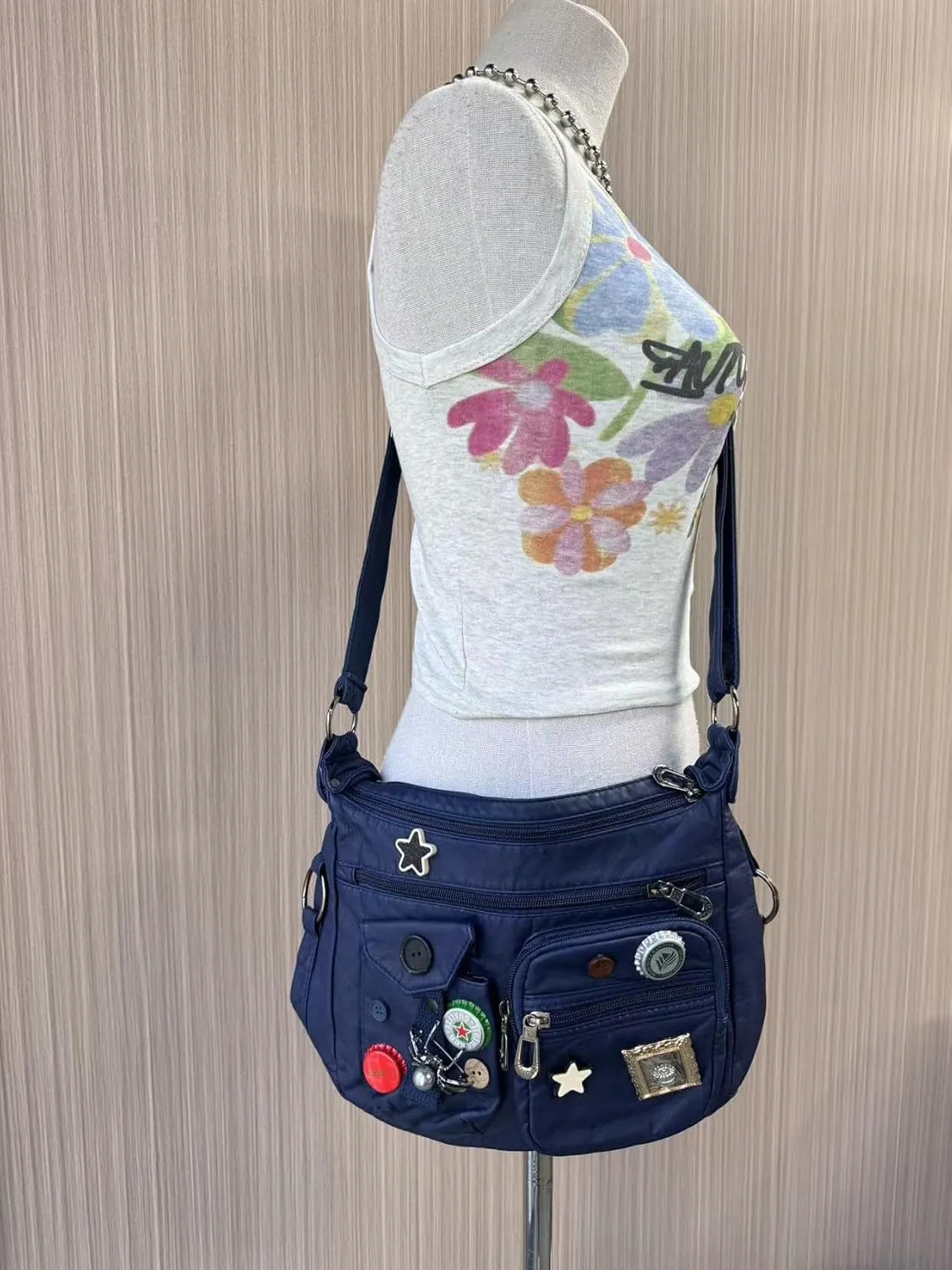 Vintage Y2K Crossbody Bag for Women- Adjustable Strap, Retro Button Design, Multi-Pocket PU Leather Bag