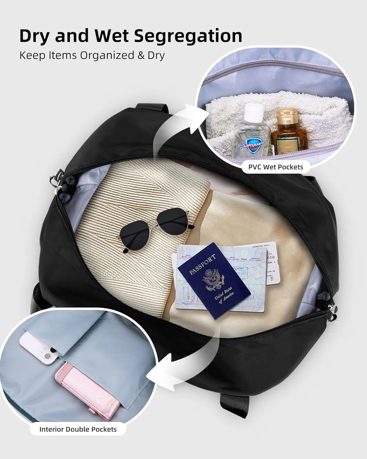 WALNEW Travel Duffle Bag for Women - Water-resistant Duffle Bag with Wet Pocket, Carry On Personal Item Travel Bag, Weekender Overnight Bag, Hospital Bag for Women Labor Delivery, Black