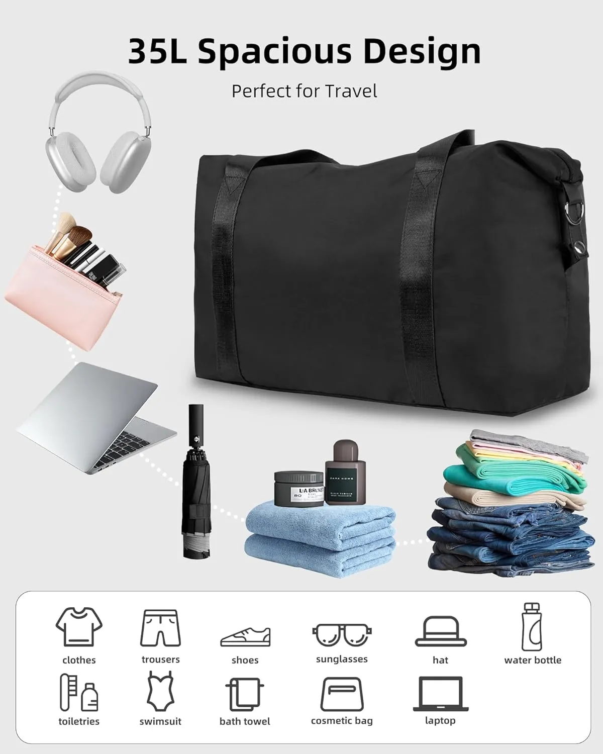 WALNEW Travel Duffle Bag for Women - Water-resistant Duffle Bag with Wet Pocket, Carry On Personal Item Travel Bag, Weekender Overnight Bag, Hospital Bag for Women Labor Delivery, Black