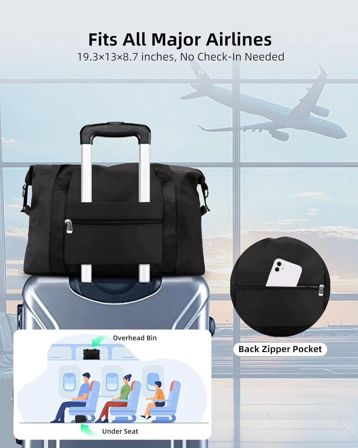 WALNEW Travel Duffle Bag for Women - Water-resistant Duffle Bag with Wet Pocket, Carry On Personal Item Travel Bag, Weekender Overnight Bag, Hospital Bag for Women Labor Delivery, Black