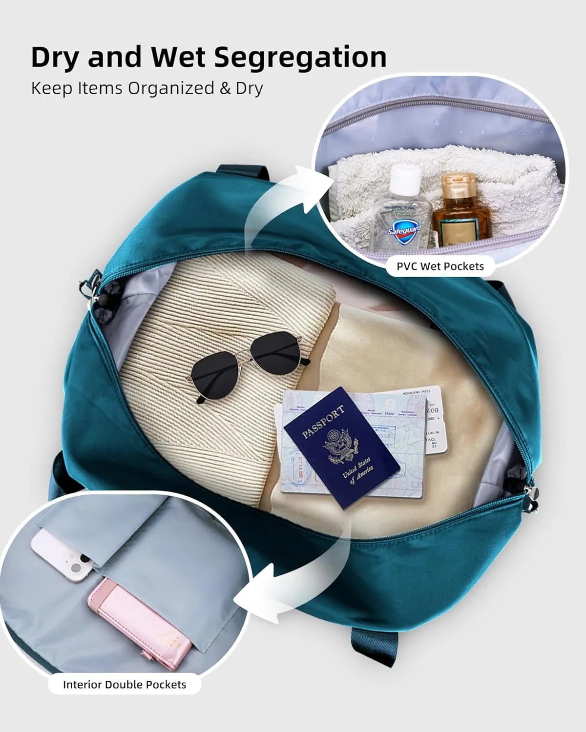 WALNEW Travel Duffle Bag for Women - Water-resistant Duffle Bag with Wet Pocket, Carry On Personal Item Travel Bag, Weekender Overnight Bag, Hospital Bag for Women Labor Delivery, Peacock Blue