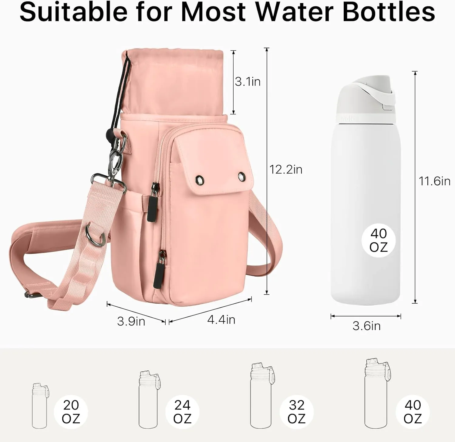 Water Bottle Holder with Strap 24 32 40oz Crossbody Insulated Water Bottle Carrier Sling Bag with Adjustable Wide Strap and Phone Purse 5 Pockets for Walking Hiking Gym Travel