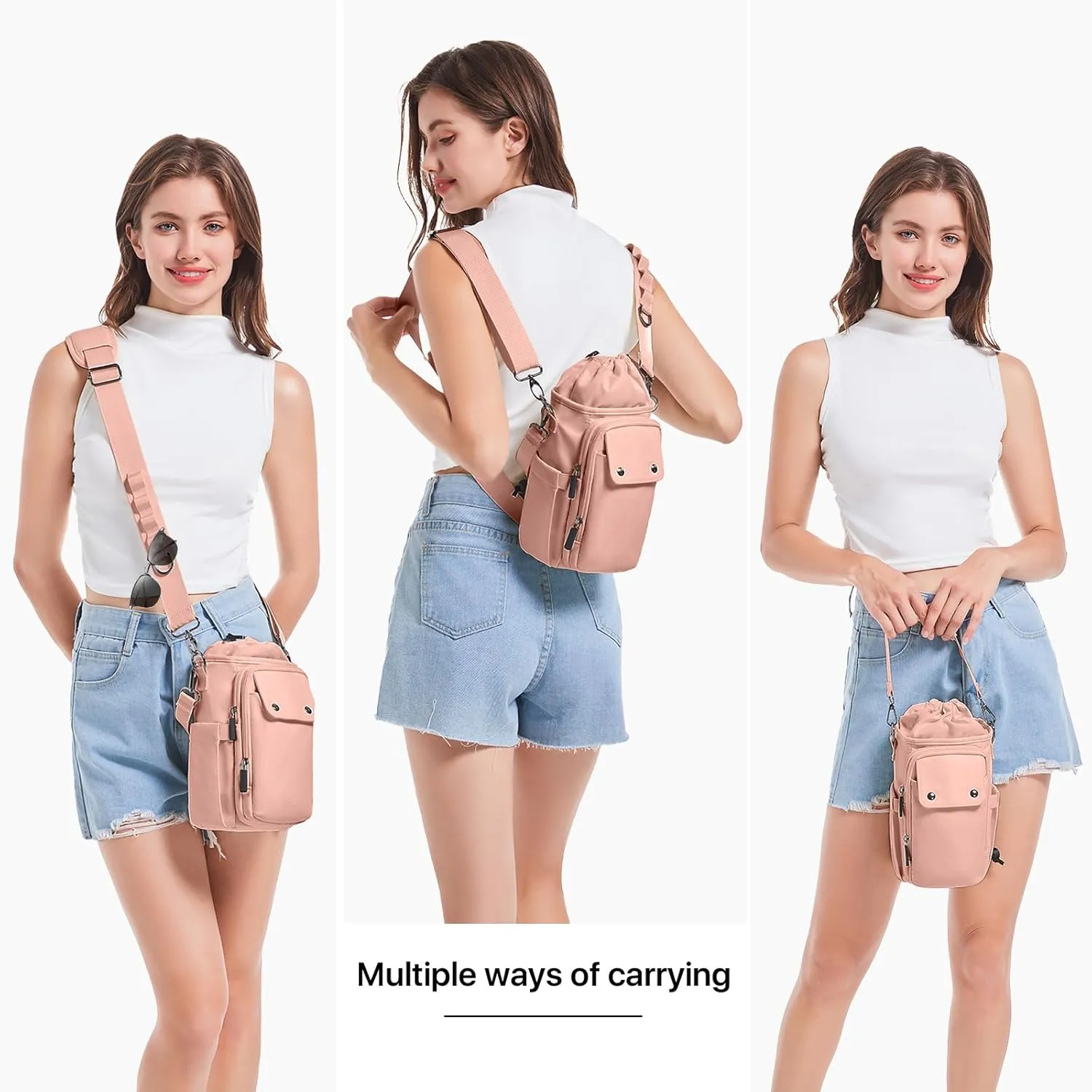 Water Bottle Holder with Strap 24 32 40oz Crossbody Insulated Water Bottle Carrier Sling Bag with Adjustable Wide Strap and Phone Purse 5 Pockets for Walking Hiking Gym Travel