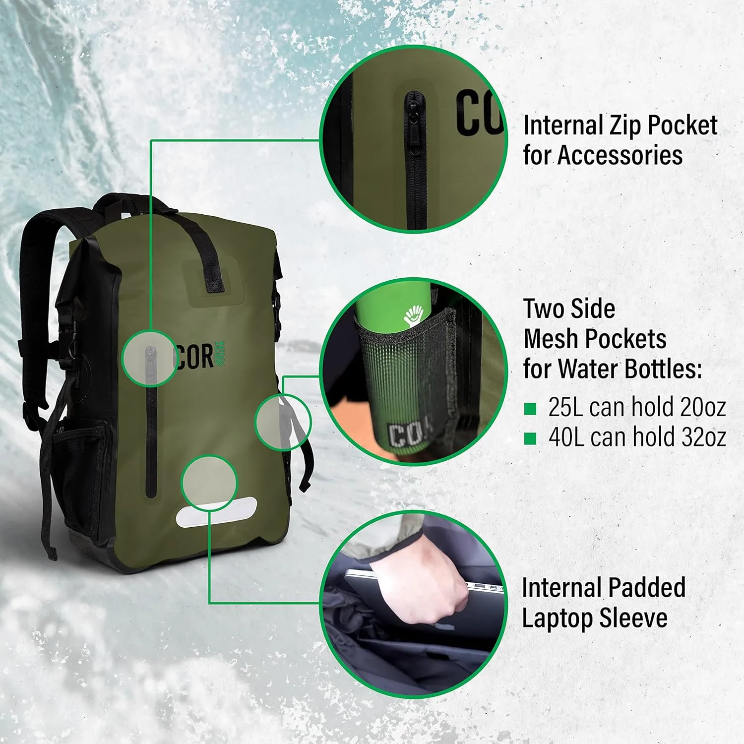 Waterproof Backpack with Laptop Sleeve | Heavy Duty Hiking, Kayak Dry Bag Backpack | Roll-Top Closure (25L, Green)