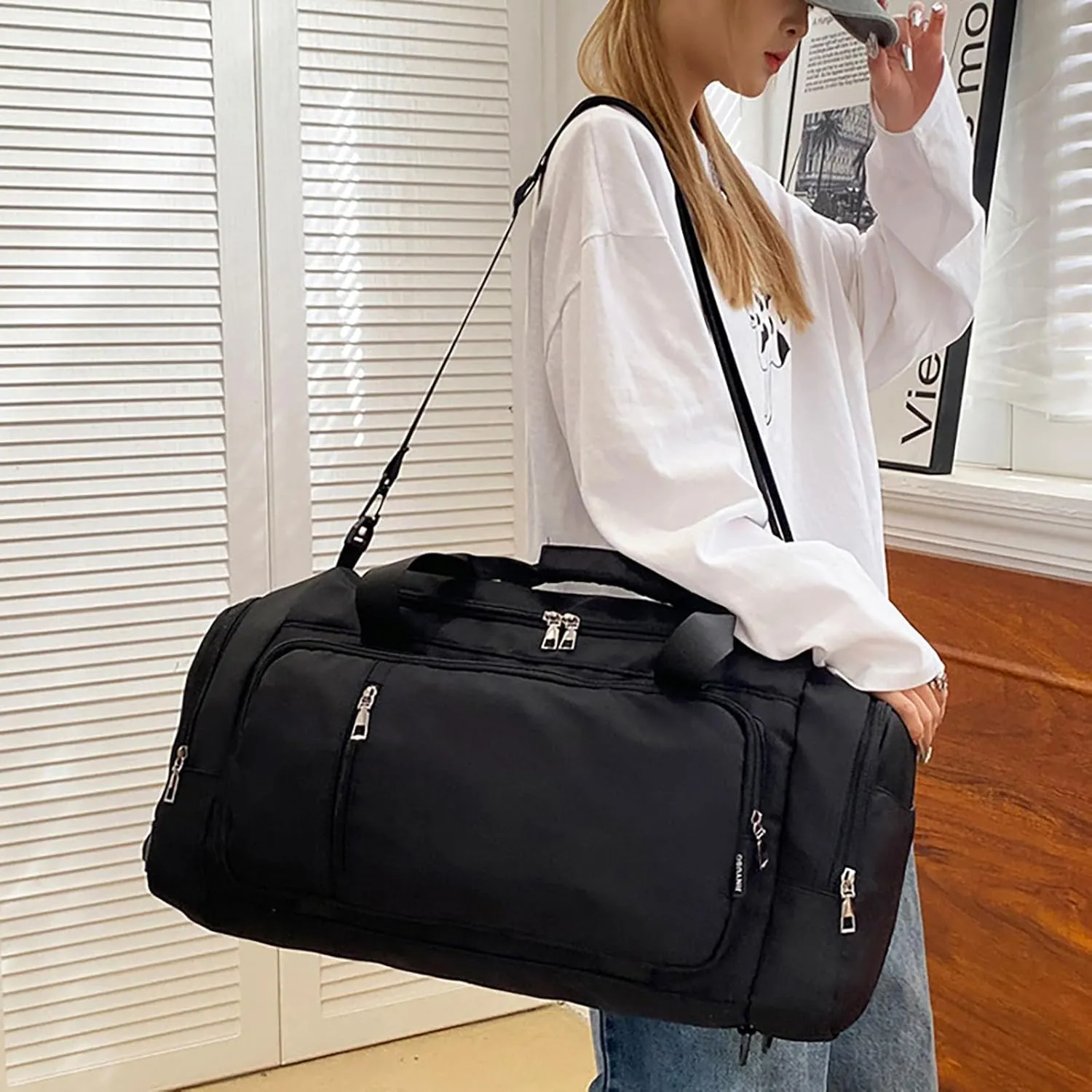 Waterproof Duffel Backpack with Shoe Compartment Dry Wet Separation 20"L Travel Gym Bag for Women Men (Black)