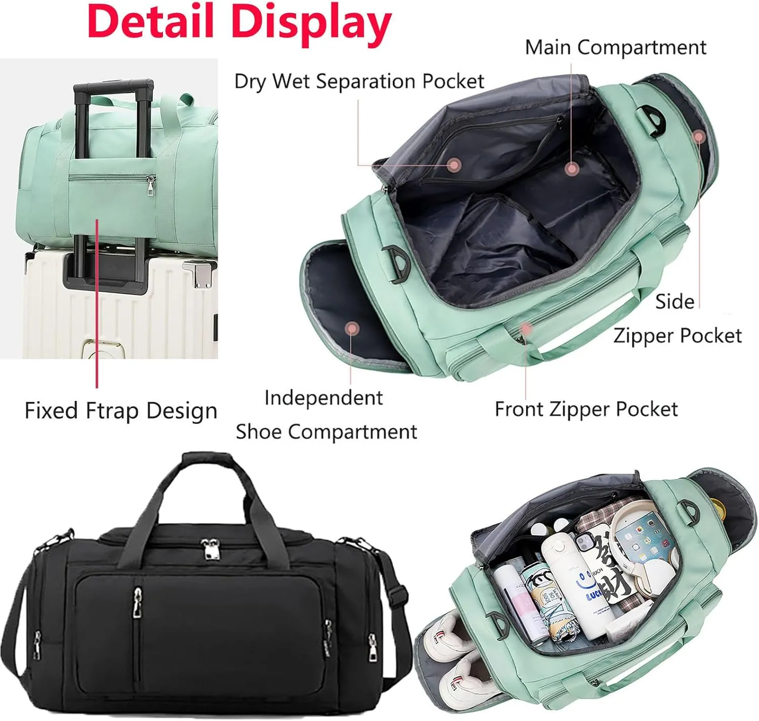 Waterproof Duffel Backpack with Shoe Compartment Dry Wet Separation 20"L Travel Gym Bag for Women Men (Black)