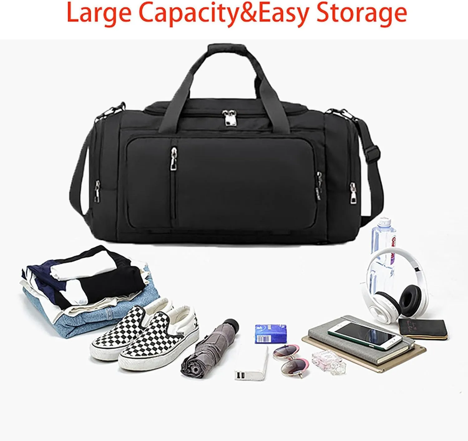 Waterproof Duffel Backpack with Shoe Compartment Dry Wet Separation 20"L Travel Gym Bag for Women Men (Black)