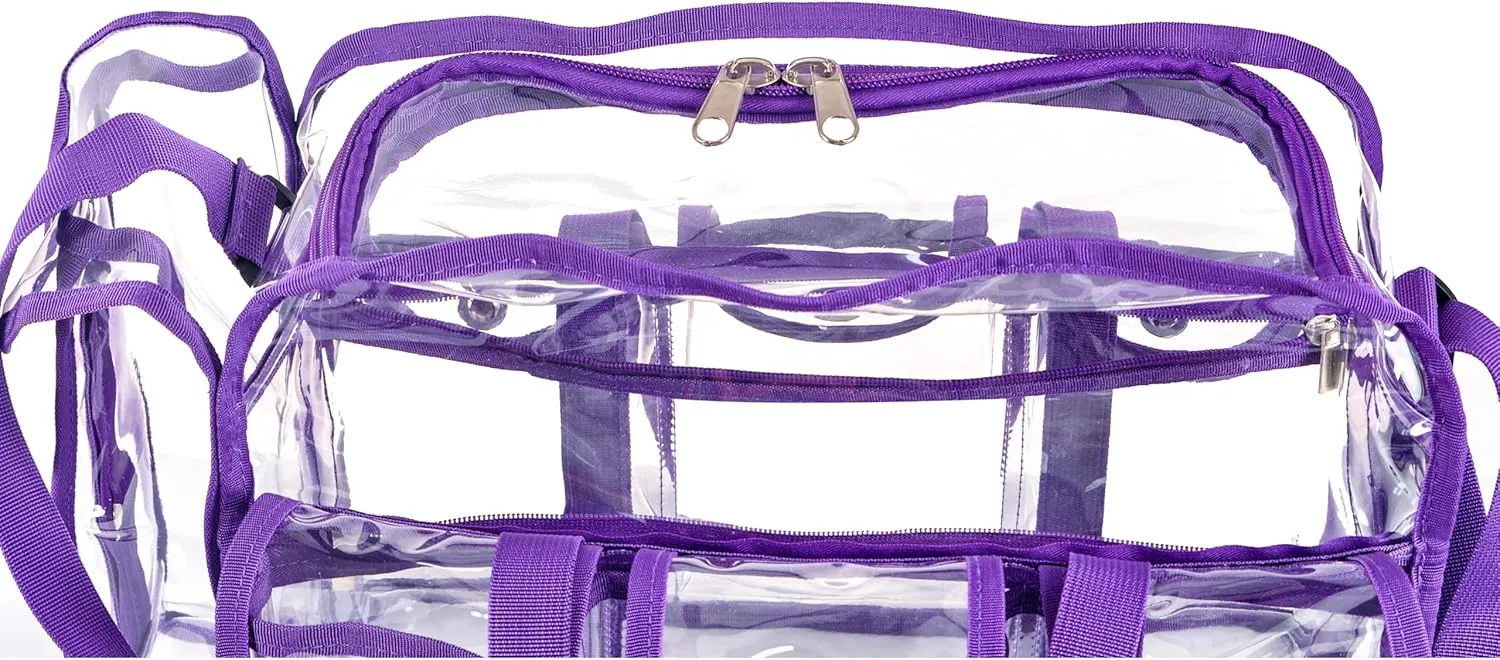 Wide Mouth Large Professional Clear PVC Travel Makeup Artist Set Bag Cosmetic Nails Beauty Bag Transparent Vinyl Tool Organizer Beach Bags Diaper Bags with 6 External Pockets & Strap (Purple)