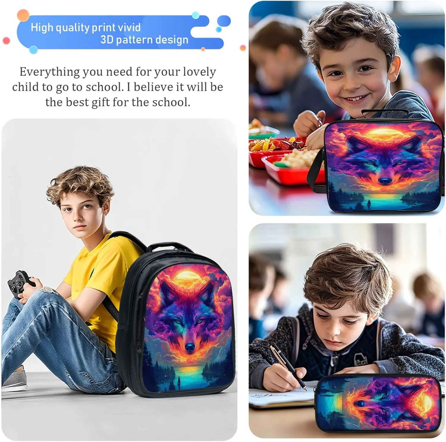 Wolf Backpack Set for Boys Girls 3PCS Cool Animal School Bag with Lunch Box Pencil Case Kids Backpacks Toddler Elementary Bookbag 16 Inch