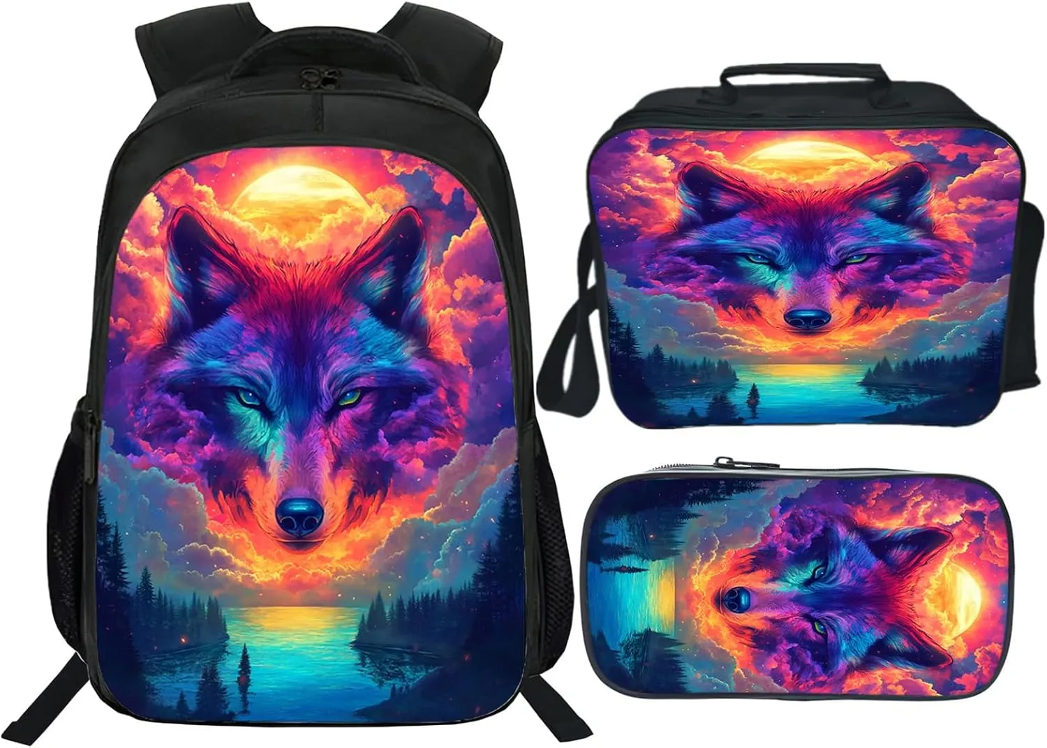 Wolf Backpack Set for Boys Girls 3PCS Cool Animal School Bag with Lunch Box Pencil Case Kids Backpacks Toddler Elementary Bookbag 16 Inch