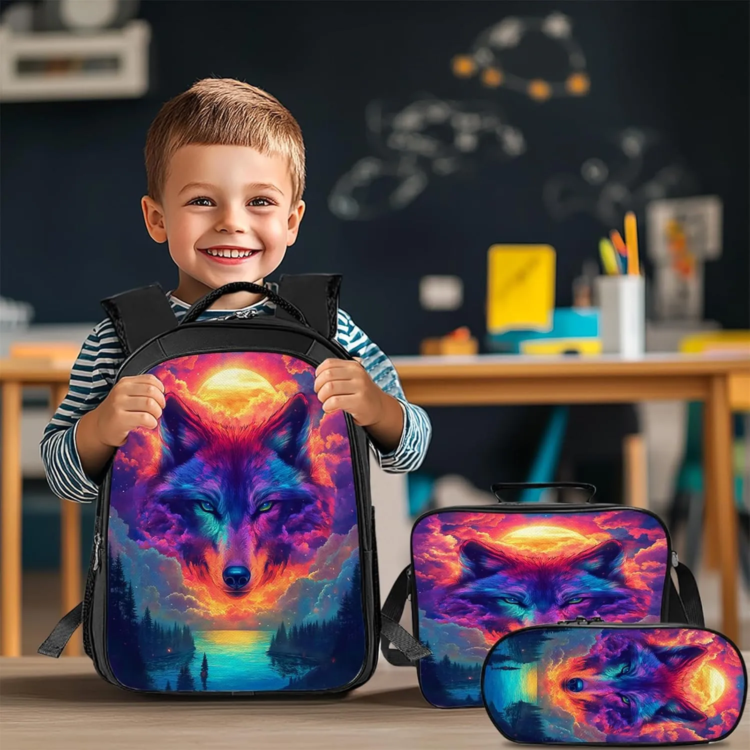 Wolf Backpack Set for Boys Girls 3PCS Cool Animal School Bag with Lunch Box Pencil Case Kids Backpacks Toddler Elementary Bookbag 16 Inch
