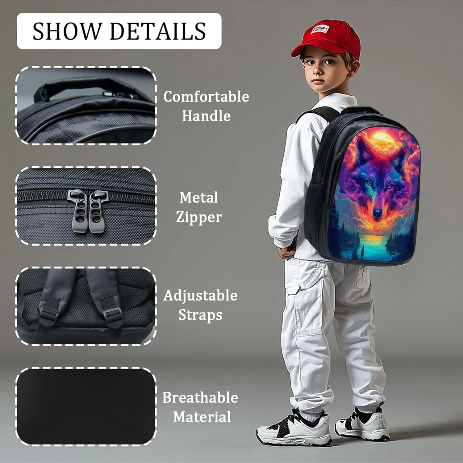 Wolf Backpack Set for Boys Girls 3PCS Cool Animal School Bag with Lunch Box Pencil Case Kids Backpacks Toddler Elementary Bookbag 16 Inch