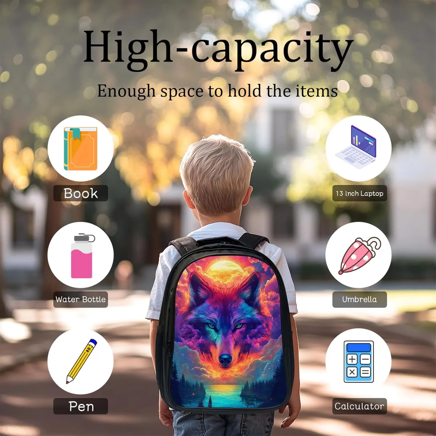Wolf Backpack Set for Boys Girls 3PCS Cool Animal School Bag with Lunch Box Pencil Case Kids Backpacks Toddler Elementary Bookbag 16 Inch