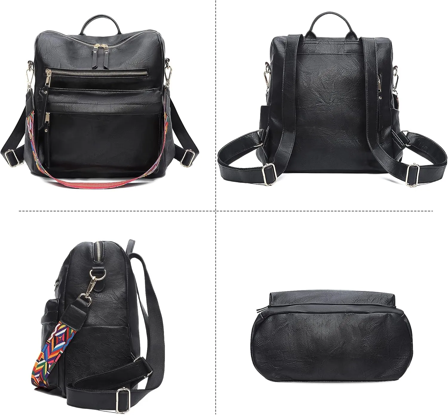 Women Backpack Purse Vintage Rucksack Convertible Shoulder Bag Travel Daypack, 2 Pack Black